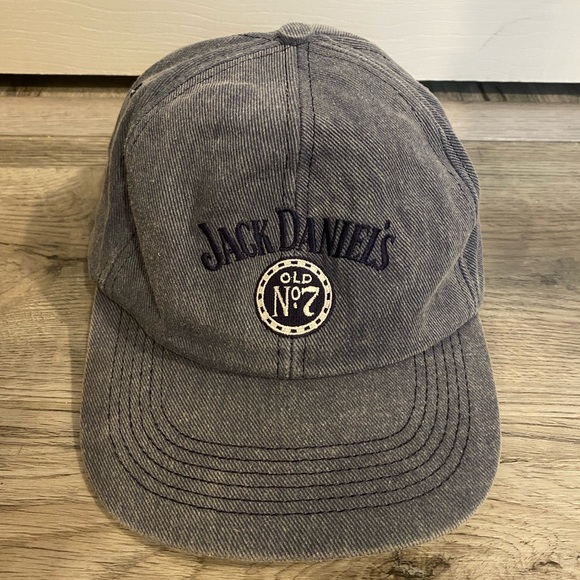 Other - Vintage Jack Daniels Whiskey Denim Blue Tan Hat Adjustable Shallow Made in USA